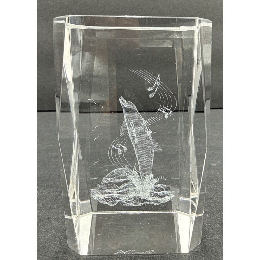 Dolphin With Musical Notes 3D Laser Etched Crystal Glass Prism / Paperweight